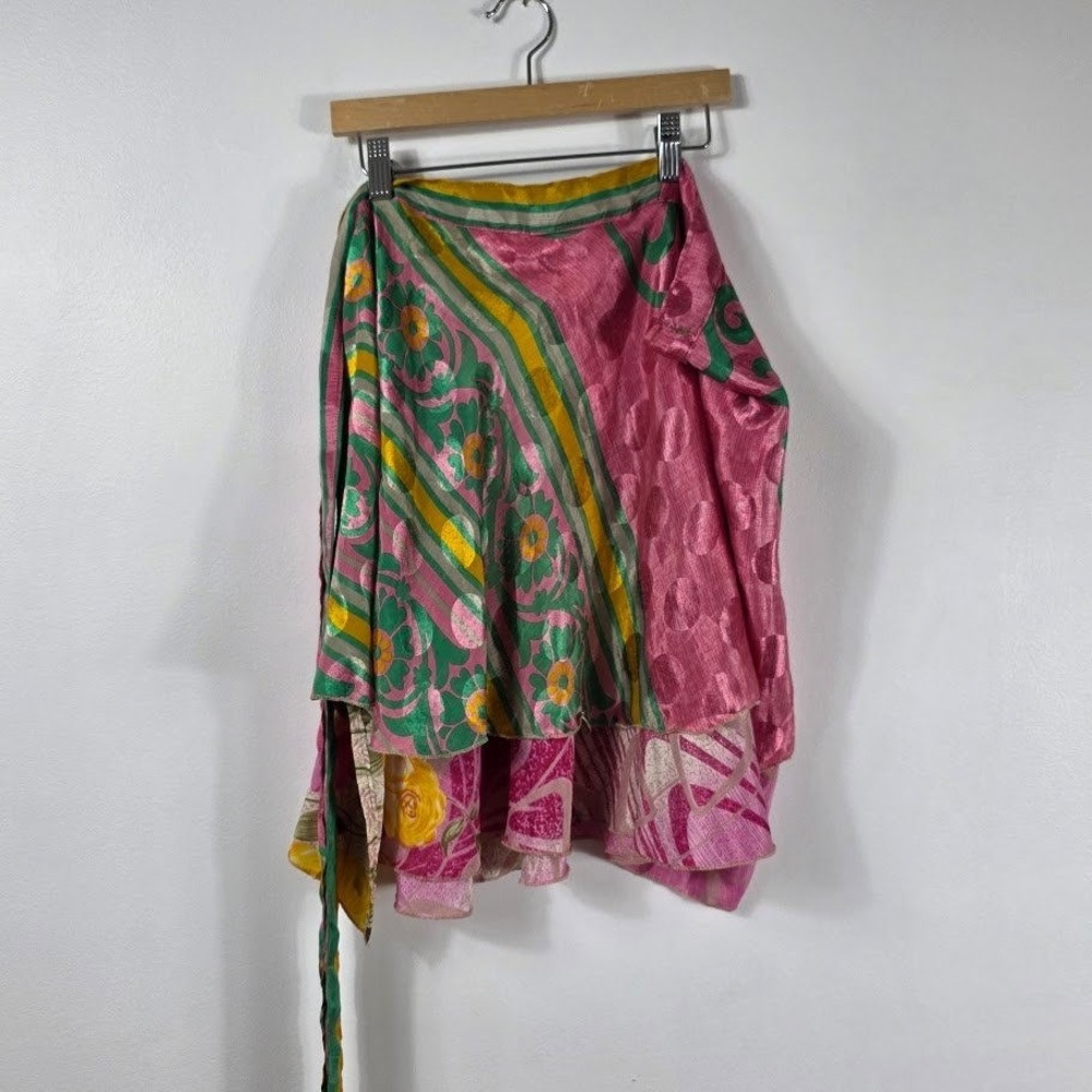 Silk Reversible Wrap Skirt Women S-L Pink Green Floral‎ Polka Dot Boho - Picture 2 of 6